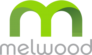 A green "M" shaped like two connected arches with the text for the "Melwood" organization underneath